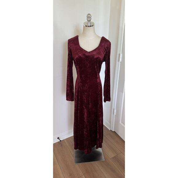 Vintage 80s Molly Malloy Size 8 Crushed Velvet Maroon Red Midi Dress Open Back - Picture 12 of 13